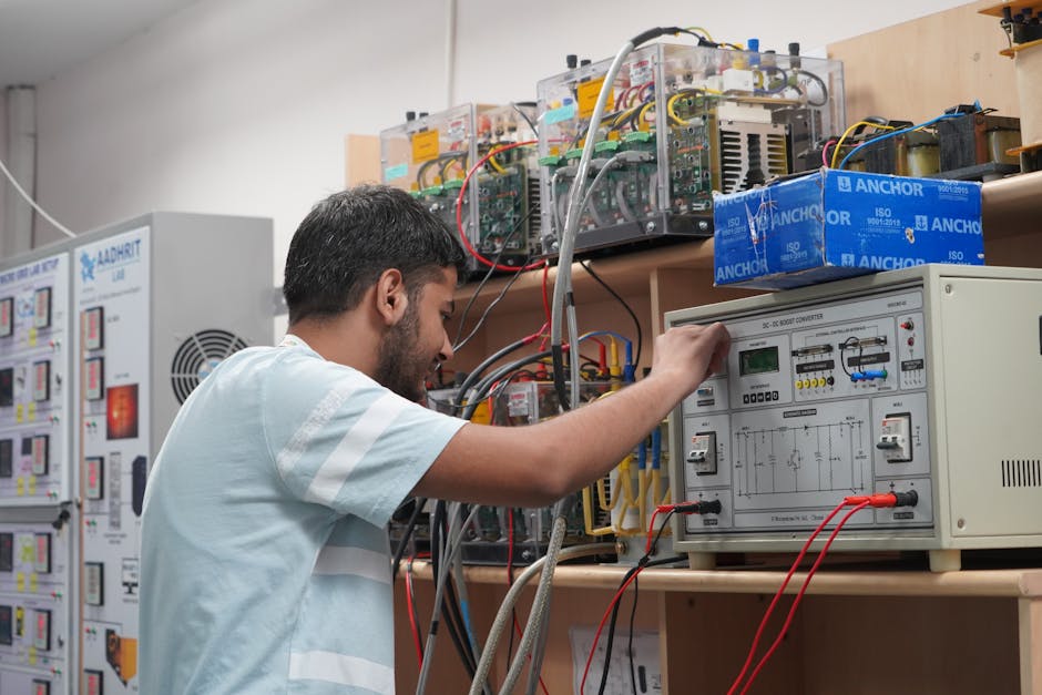 Engineer adjusting equipment in an advanced research lab setting.
