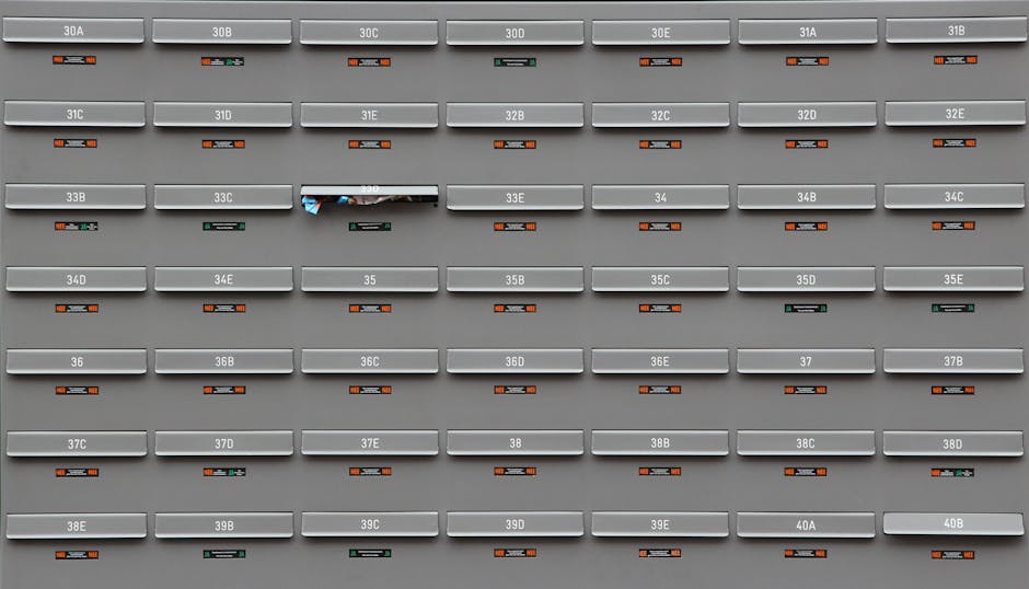 A grid of grey mailboxes with number labels showing an organized system.